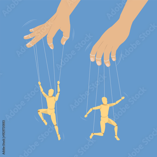 3D Isometric Flat Vector Illustration of Hands With Puppet Strings, External Manipulation