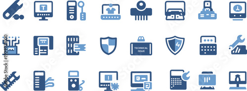 Computer hardware icons, cybersecurity symbols, IT infrastructure, digital security, server rack, processor chip, repair tools, secure access, technology devices