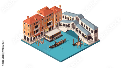 isometric view of venice canal bridge with gondolas buildings and water scene illustration