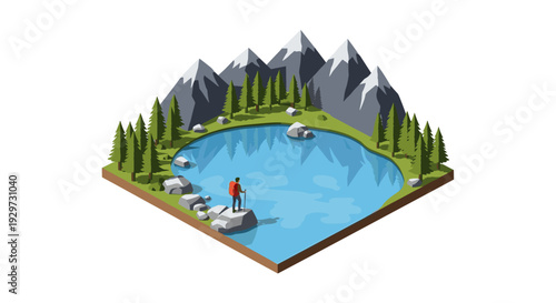 isometric mountain lake landscape with pine trees rocks and hiker standing on stone outdoor nature illustration