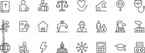 Community service icon set, public infrastructure symbols, social care graphics, education elements, health resources, justice scales, housing, industry, vector line design