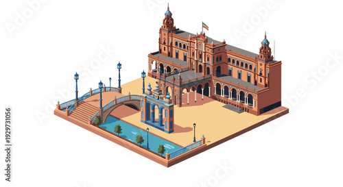 isometric illustration of historic building with arches bridge and water canal in detailed colorful style