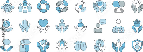Community icons, support symbols, care graphics, protection vector set, teamwork illustrations, global unity, housing security, communication, humanitarian values, social service