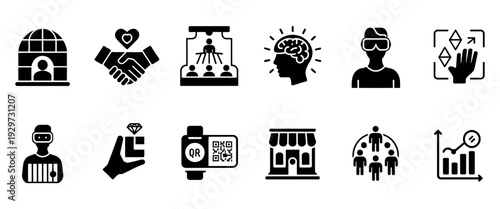 black glyph icon set collection, experiential marketing and brand activation symbols, vr, ar, live events and interactive icons, vector illustration bundle.