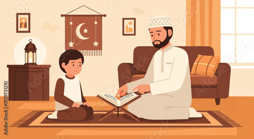 Muslim father and son engaged in a heartwarming religious lesson at home, fostering spiritual learning and cultural heritage within the family
