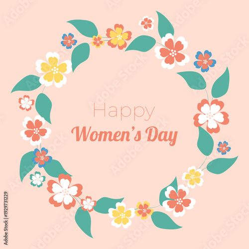 Floral round frame for Women's Day on a pink background. Hand-drawn spring vector illustration for web design.