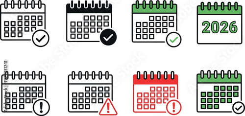 Calendar Icon Set with Checkmark Warning and 2026 Date Symbols for Scheduling Planning Deadlines and User Interface Vector Design