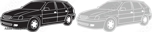 Black and white vector illustration of two identical cars with different shading techniques on a white background