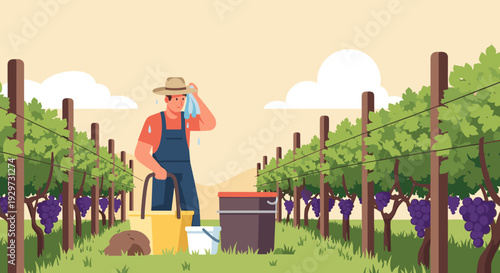 farmer harvesting grapes in vineyard hand drawn agricultural scene with buckets and plants