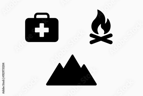 set of three black camping icons including first aid kit campfire and mountain silhouette