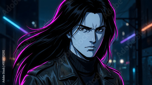 Retro 80s anime portrait of man with black hair and neon light