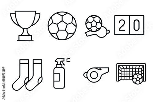 set of hand drawn soccer game icons including trophy ball whistle scoreboard socks spray and goal