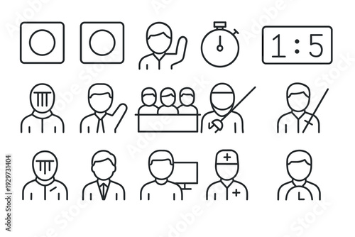 set of hand drawn courtroom and legal icons in outline style with judge lawyer defendant and timer elements