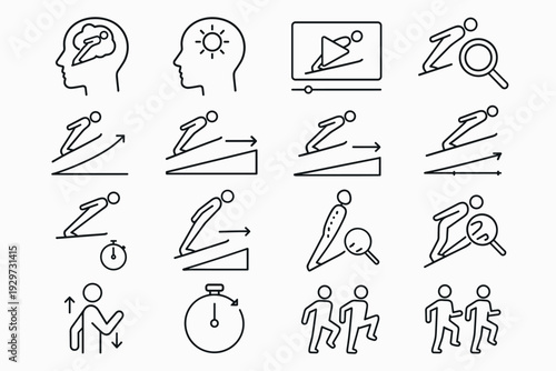 set of hand drawn ski jumping and athlete training line icons with stopwatch and analysis elements