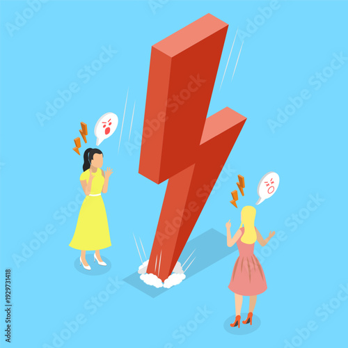 3D Isometric Flat Vector Illustration of Dispute, Furious Couple Engage In Heated Argue