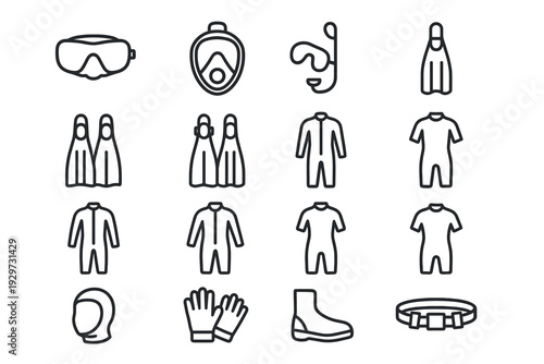 set of hand drawn diving and snorkeling equipment icons in outline style