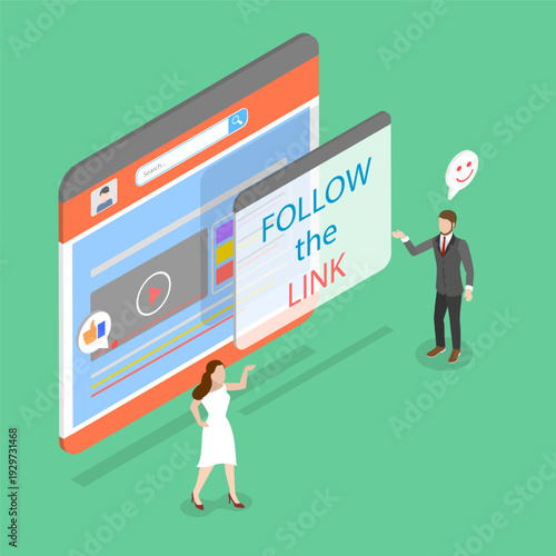 3D Isometric Flat Vector Illustration of Follow Link, Follower Poster Advertising Program.