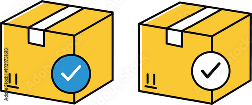 Package Delivery Confirmation Icon Set with Cardboard Shipping Box and Check Mark Symbol in Flat Outline Vector Style