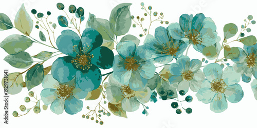 Collection of delicate blue and white anemone flowers with green foliage on a white background