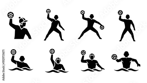 water polo players icon set hand drawn silhouettes with ball and water sport illustration