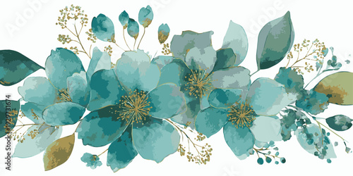 Collection of delicate blue and white anemone flowers with green foliage on a white background