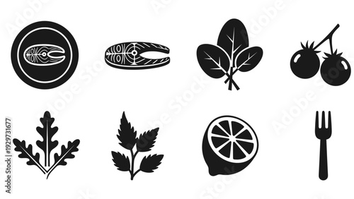 black silhouette set of seafood herbs and lemon in hand drawn style for food design