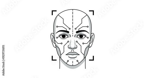 human face with facial recognition technology circuit lines hand drawn vector illustration