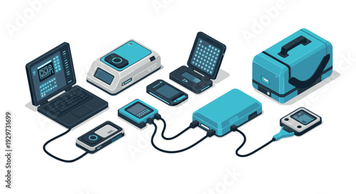 isometric medical diagnostic equipment set with laptop and connected handheld devices in modern flat style
