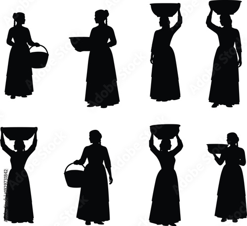 Set of traditional women silhouettes carrying baskets and bowls on head, rural village lifestyle illustration, black female figure collection isolated on white background