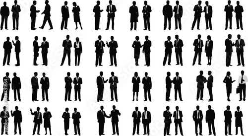 Large Set of Business People Silhouettes in Conversation and Meeting Poses Isolated on White Background, Corporate Teamwork Collection Illustration