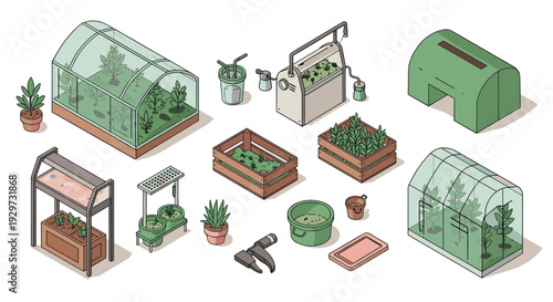 isometric greenhouse and gardening tools hand drawn illustration set for plant care and home gardening