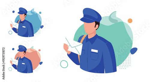mail carrier holding letter mailman illustration in flat style with colorful abstract background