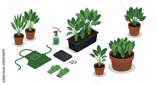 potted plants with gardening tools hand drawn vector illustration set for home gardening