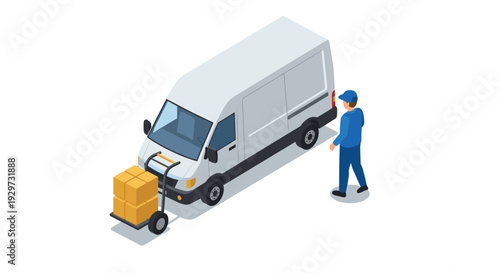 isometric delivery van with a worker and hand truck carrying cartons in flat style