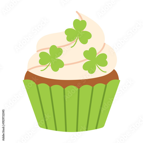Cupcake illustration decorated with green clovers. Cute StPatrick dessert for Irish celebration, party decor, holiday greeting, bakery print and festive design. Flat vector. Hand drawn. Isolated.