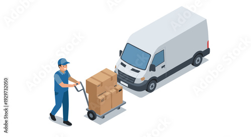 delivery worker pushing hand truck with cardboard boxes near white cargo van isometric illustration
