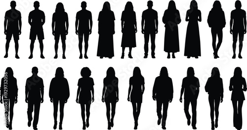 Large group of people silhouette set standing and walking poses isolated on white background, diverse human figures outline, crowd vector illustration collection design.