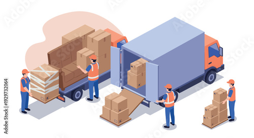 isometric people loading and unloading boxes from cargo trucks logistics and delivery service illustration