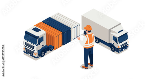 isometric construction worker controlling container truck and cargo delivery vehicle in flat style for logistics concept