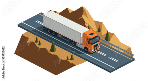 isometric orange semi truck on road with mountainous landscape background vector illustration