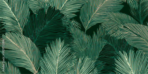 Lush emerald green tropical palm fronds creating a dense and vibrant natural jungle pattern
