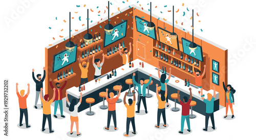 crowd watching soccer game celebration inside bar illustration with flat isometric style