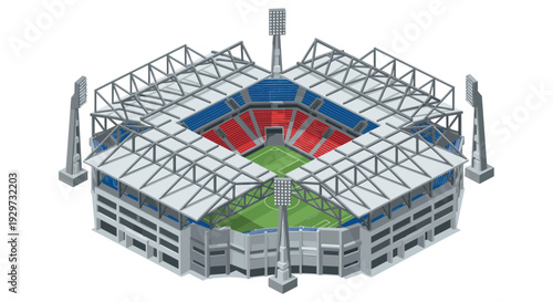 3d illustration of a modern sports stadium with floodlights and colorful seating in a realistic style