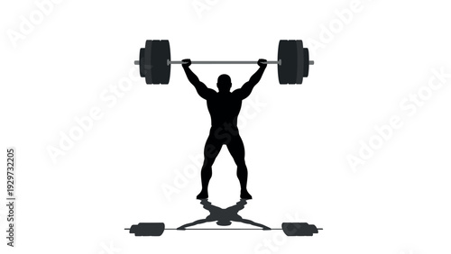 silhouette of a muscular man lifting heavy barbell weights with shadow on white background vector illustration