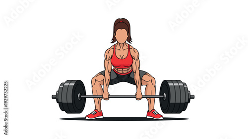 female powerlifter performing sumo deadlift with heavy barbell hand drawn fitness illustration