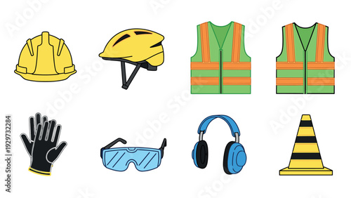 set of hand drawn construction safety gear including helmets vests gloves goggles ear protection and traffic cone