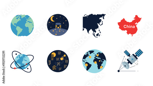 set of earth globe moon satellite and asia map icons in flat style for technology and geography design