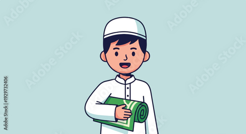 Muslim Boy Holding Prayer Mat