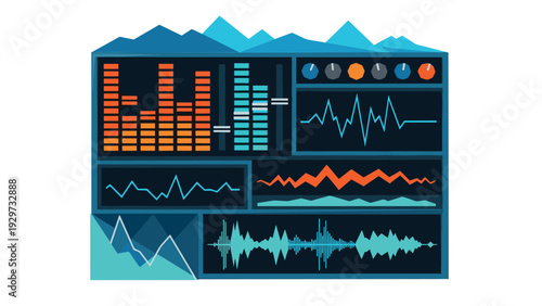 audio mixer dashboard with equalizer sliders waveform and sound wave visualization in flat style