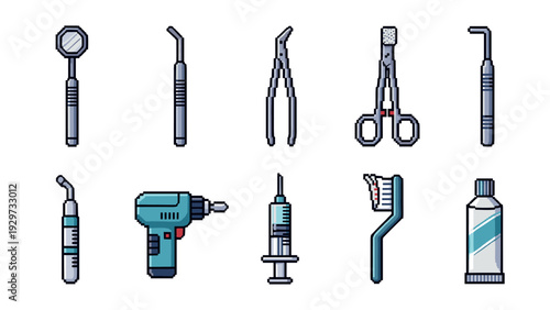 set of pixel art dental tools and instruments collection for dental care and hygiene